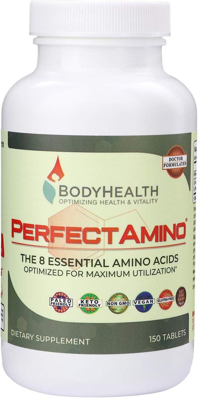 BodyHealth PerfectAmino Tablets (1PK), All 8 Essential Amino Acids with BCAAs + Lysine, Phenylalanine, Threonine, Methionine, Tryptophan, Supplement for Muscle Mass Production, Recovery & Strength - 150 Tablets - EXP 11/2024