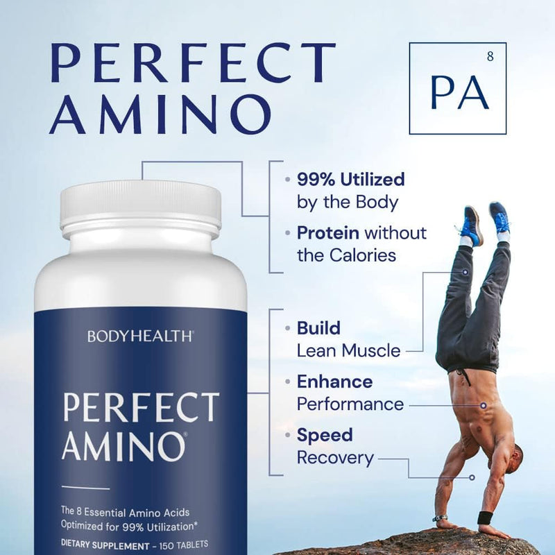 BodyHealth PerfectAmino Tablets (1PK), All 8 Essential Amino Acids with BCAAs + Lysine, Phenylalanine, Threonine, Methionine, Tryptophan, Supplement for Muscle Mass Production, Recovery & Strength - 150 Tablets - EXP 11/2024