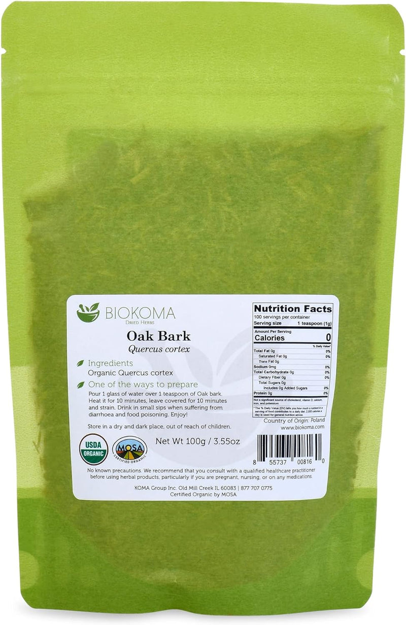 Biokoma  - Pure and Organic Oak Bark Dried Herb 100g (3.55oz) in Resealable Moisture Proof Pouch - EXP 11/23