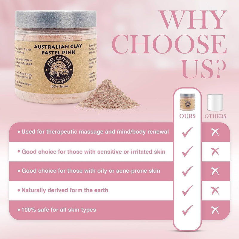 Best Nature's Australian Pastel Pink Clay 100% Pure Natural 8 fl oz - Natural Exfoliating & Detoxifying Facial Scrub - Organic Clay Powder for Face Masks, Body Soaps, Bath Bombs, Makeup, Lotions