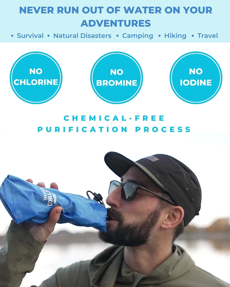 Tactiko 25oz. Purifying Water Bottle - UF Membrane, Activated Carbon Filter 265Gal. from Rivers, Streams - SGS Certified Personal Filter Straw - Camping, Emergency, Survival (Blue)
