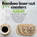 Set of 6 Bamboo Coasters with Holder - 3.9 Inch Fun Dog Coasters - Non-Stick Absorbent Engraved Laser-Cut - Durable, Washable (Yorkie)