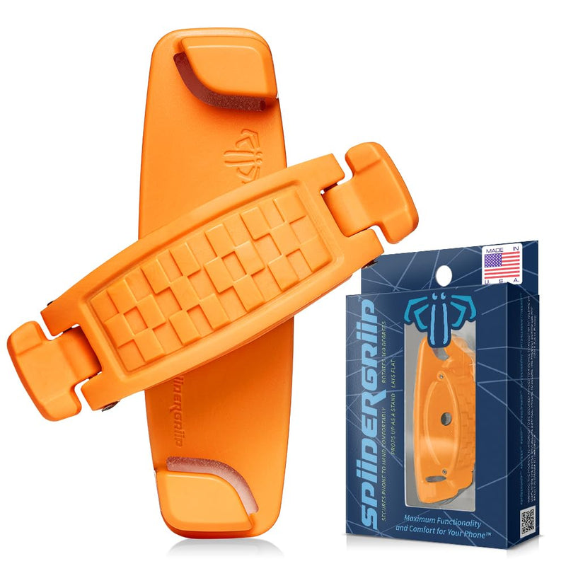 SpiiderGriip 360 Rotating Phone Grip – Flat-Fold Kickstand & Secure Strap – Works with iPhone, Android, Tablets & Cases – Comfortable & Durable (Orange)