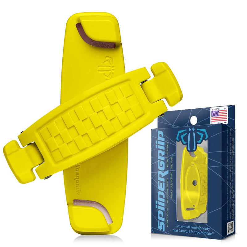 SpiiderGriip 360 Rotating Phone Grip – Flat-Fold Kickstand & Secure Strap – Works with iPhone, Android, Tablets & Cases – Comfortable & Durable (Yellow)