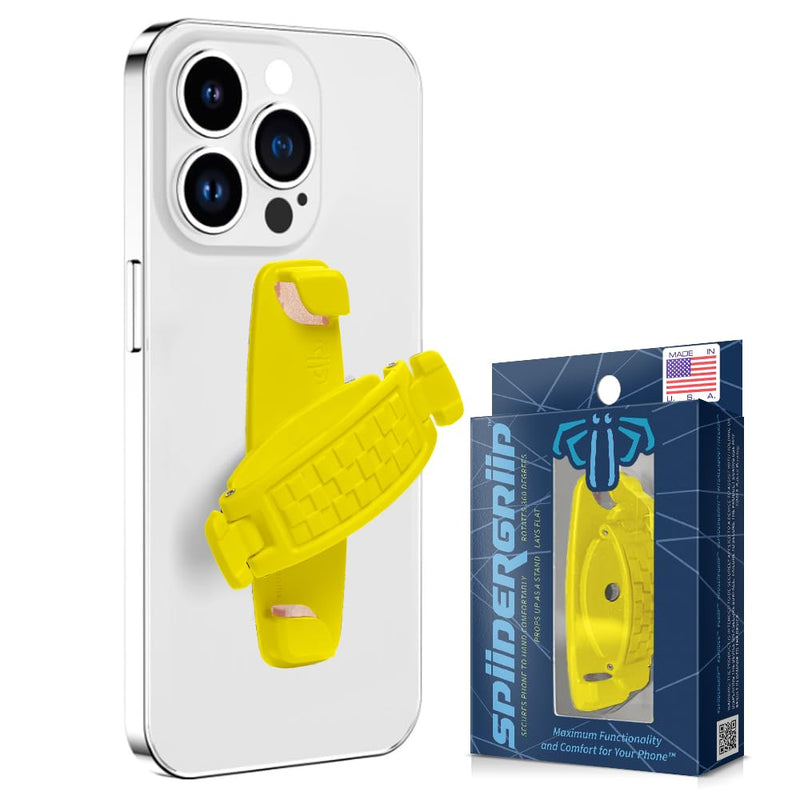 SpiiderGriip 360 Rotating Phone Grip – Flat-Fold Kickstand & Secure Strap – Works with iPhone, Android, Tablets & Cases – Comfortable & Durable (Yellow)
