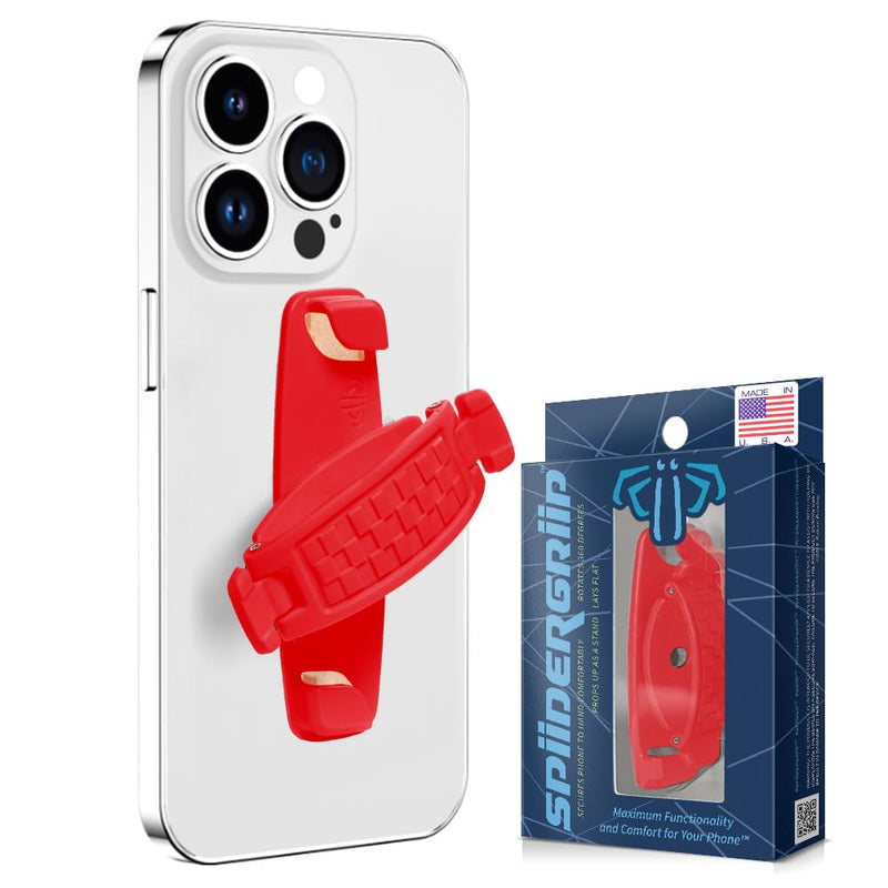 SpiiderGriip 360 Rotating Phone Grip – Flat-Fold Kickstand & Secure Strap – Works with iPhone, Android, Tablets & Cases – Comfortable & Durable (Red)