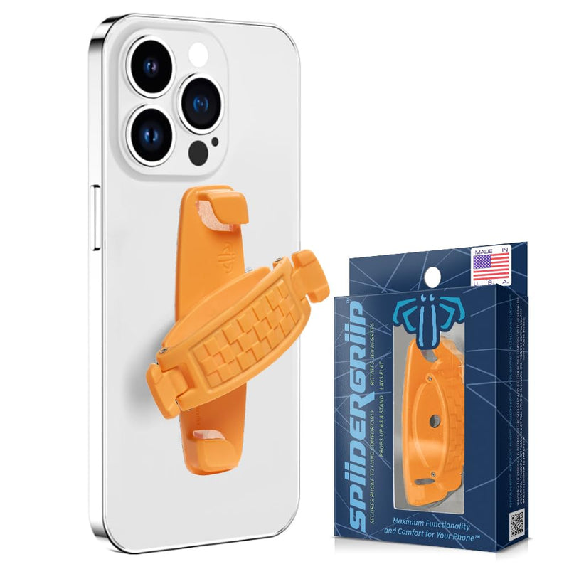 SpiiderGriip 360 Rotating Phone Grip – Flat-Fold Kickstand & Secure Strap – Works with iPhone, Android, Tablets & Cases – Comfortable & Durable (Orange)
