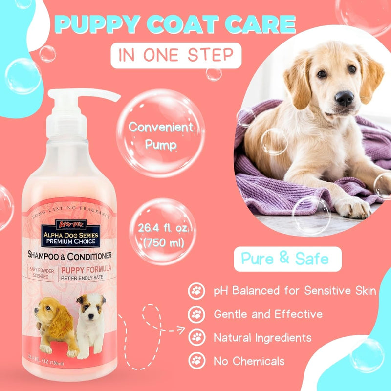 Alpha Dog Series Puppy Grooming Natural Dog Shampoo and Conditioner with Aloe Vera, pH balanced Shampoo for Dogs, Tear-Free, Moisturizing Dog Shampoo for Sensitive Skin - 26.4 Oz