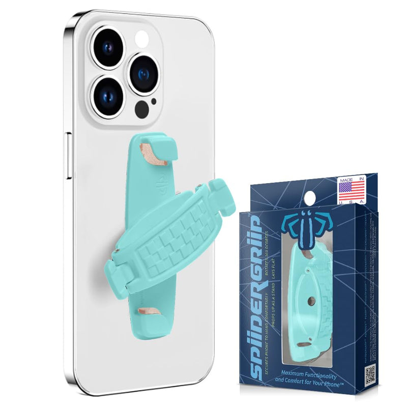SpiiderGriip 360 Rotating Phone Grip – Flat-Fold Kickstand & Secure Strap – Works with iPhone, Android, Tablets & Cases – Comfortable & Durable (Aqua)