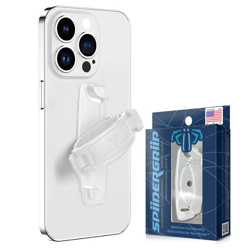 SpiiderGriip 360 Rotating Phone Grip – Flat-Fold Kickstand & Secure Strap – Works with iPhone, Android, Tablets & Cases – Comfortable & Durable (White)