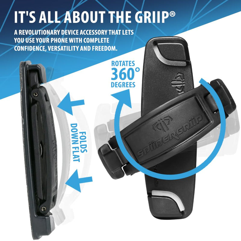 Mint Bucket Brands SpiiderGriip 360 Rotating Phone Grip – Flat-Fold Kickstand & Secure Strap – Works with iPhone, Android, Tablets & Cases – Comfortable & Durable (Black)