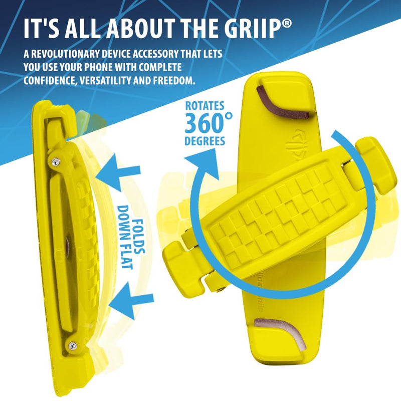 SpiiderGriip 360 Rotating Phone Grip – Flat-Fold Kickstand & Secure Strap – Works with iPhone, Android, Tablets & Cases – Comfortable & Durable (Yellow)