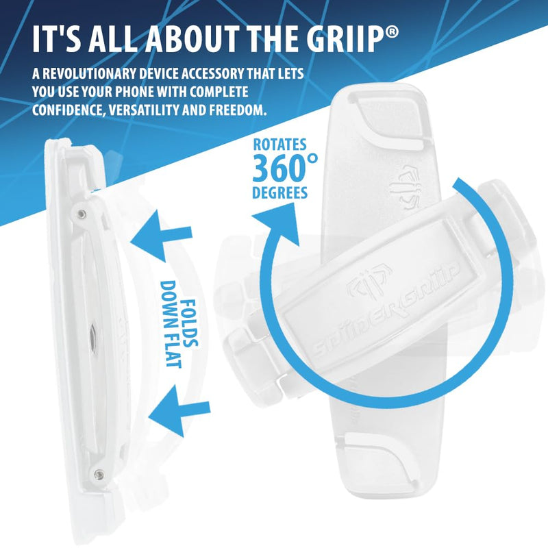 SpiiderGriip 360 Rotating Phone Grip – Flat-Fold Kickstand & Secure Strap – Works with iPhone, Android, Tablets & Cases – Comfortable & Durable (White)