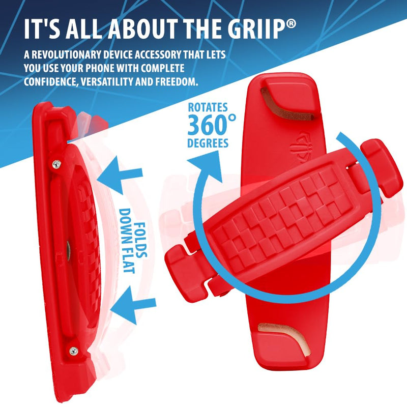 SpiiderGriip 360 Rotating Phone Grip – Flat-Fold Kickstand & Secure Strap – Works with iPhone, Android, Tablets & Cases – Comfortable & Durable (Red)