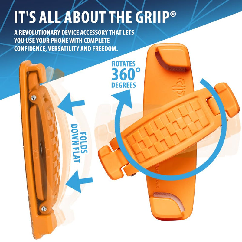 SpiiderGriip 360 Rotating Phone Grip – Flat-Fold Kickstand & Secure Strap – Works with iPhone, Android, Tablets & Cases – Comfortable & Durable (Orange)