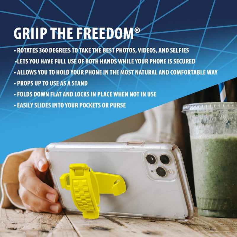 SpiiderGriip 360 Rotating Phone Grip – Flat-Fold Kickstand & Secure Strap – Works with iPhone, Android, Tablets & Cases – Comfortable & Durable (Yellow)