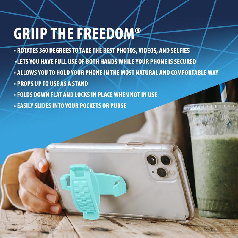 SpiiderGriip 360 Rotating Phone Grip – Flat-Fold Kickstand & Secure Strap – Works with iPhone, Android, Tablets & Cases – Comfortable & Durable (Aqua)