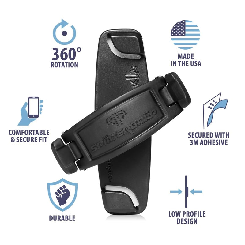Mint Bucket Brands SpiiderGriip 360 Rotating Phone Grip – Flat-Fold Kickstand & Secure Strap – Works with iPhone, Android, Tablets & Cases – Comfortable & Durable (Black)