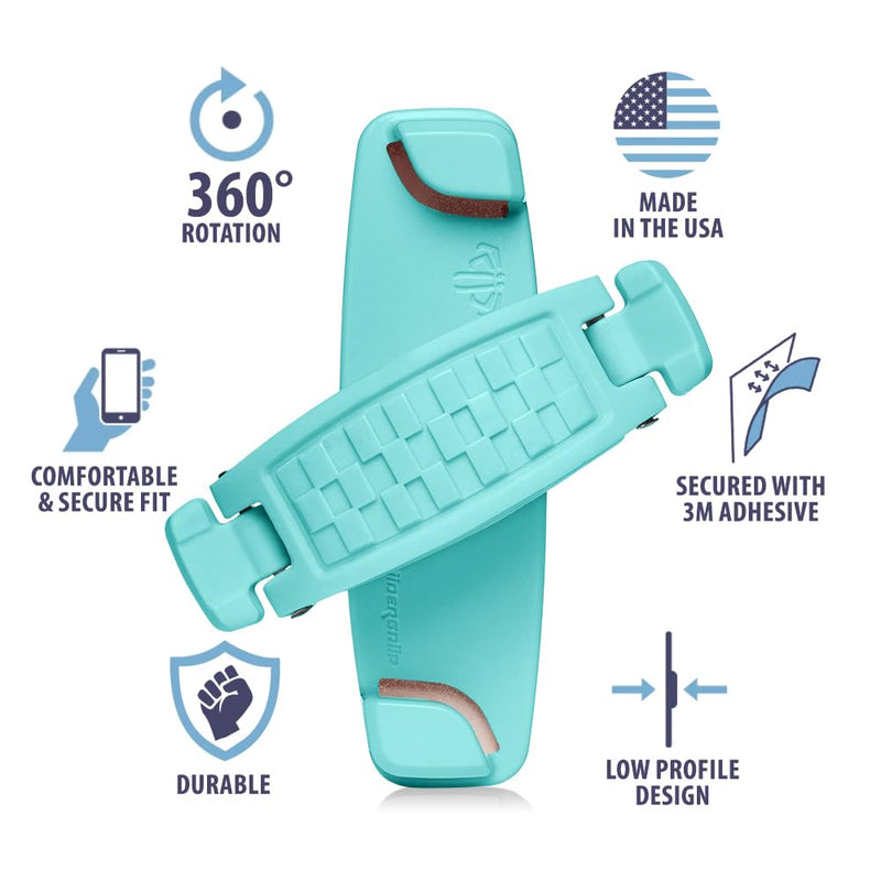 SpiiderGriip 360 Rotating Phone Grip – Flat-Fold Kickstand & Secure Strap – Works with iPhone, Android, Tablets & Cases – Comfortable & Durable (Aqua)