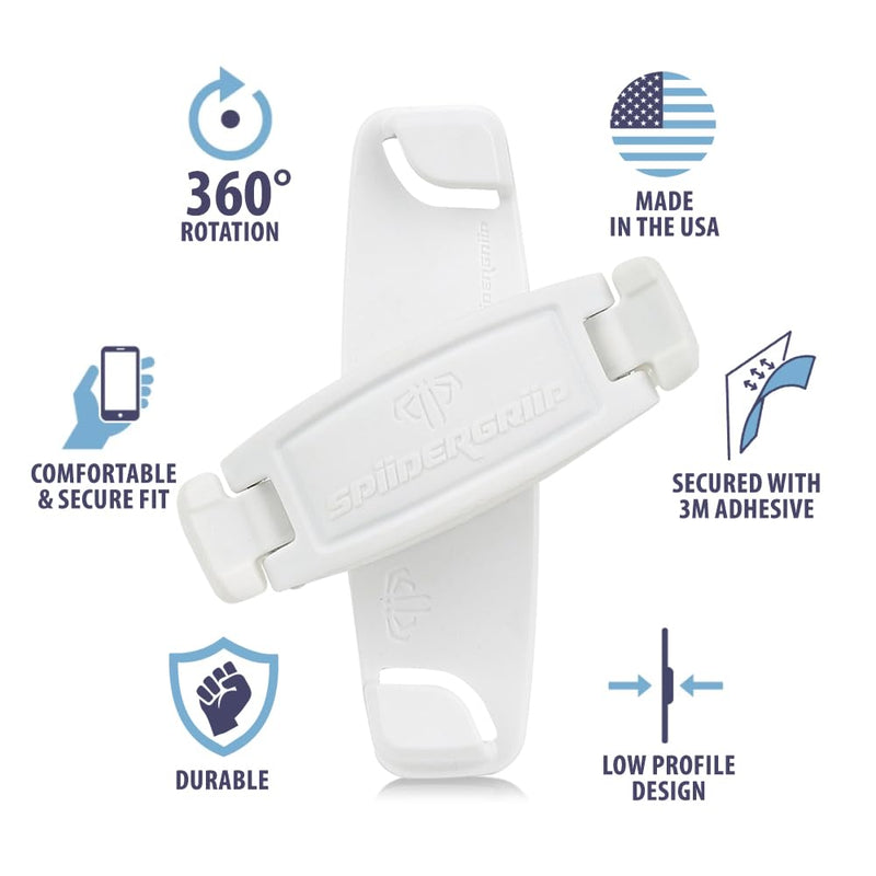 SpiiderGriip 360 Rotating Phone Grip – Flat-Fold Kickstand & Secure Strap – Works with iPhone, Android, Tablets & Cases – Comfortable & Durable (White)