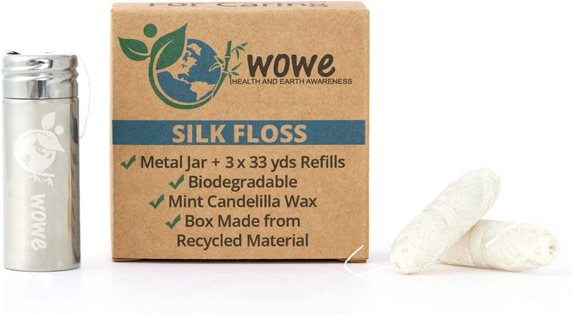 Wowe Natural Biodegradable Peace Silk Dental Floss with Candelilla Wax, Refillable Stainless Steel Container and 3 Refills - 6 Month Supply, 99 Yards Total… (Natural Mint)