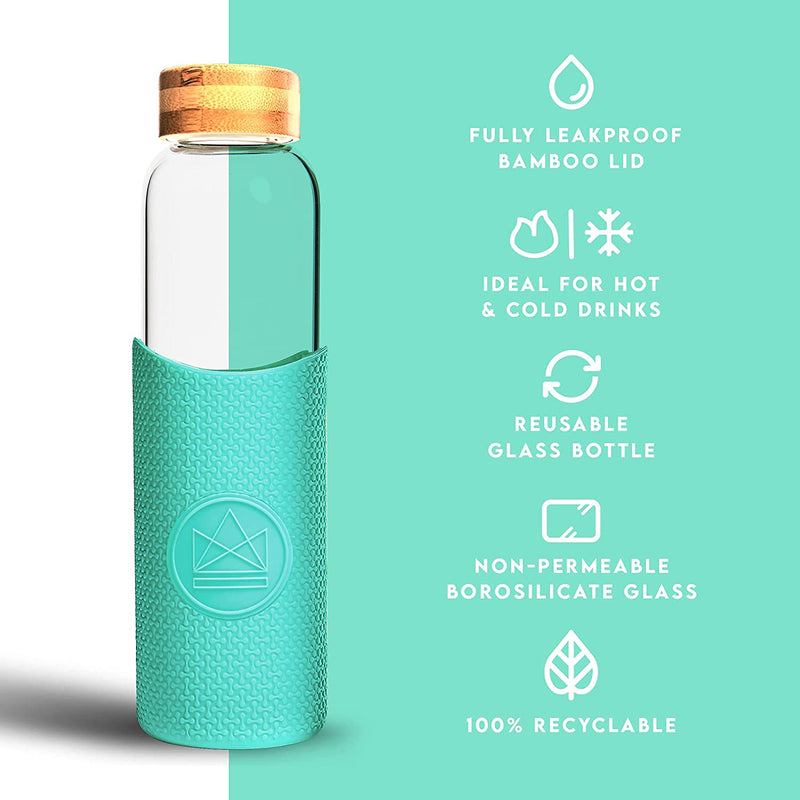 Neon Kactus - Hand Blown Borosilicate Glass Water Bottle with Bamboo Carry Handle Lid, Glass Bottles with Food-grade Silicone Sleeve, Plastic-Free