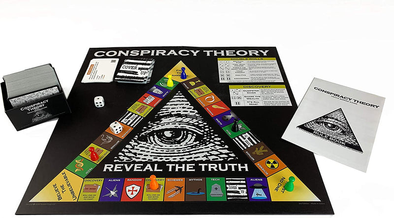 Conspiracy Theory Trivia Board Game tests your knowledge of the world of Internet conspiracies Answer questions to collect conspiracy cards to win