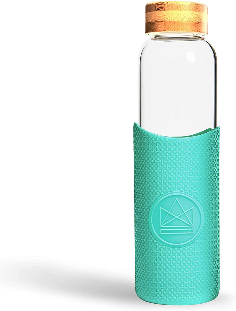 Neon Kactus - Hand Blown Borosilicate Glass Water Bottle with Bamboo Lid, Glass Bottles with Food-Grade Silicone Sleeve, Plastic-Free and Spill-Proof Reusable Water Bottle, Free Spirit, 550ml